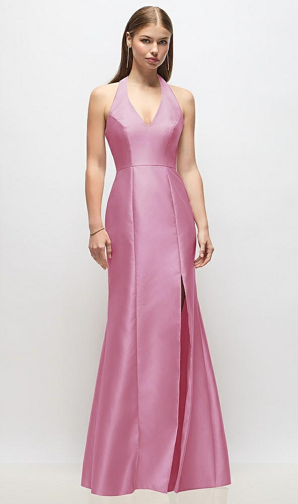 Front View - Powder Pink V-Neck Halter Satin Trumpet Gown