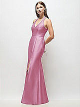 Side View Thumbnail - Powder Pink V-Neck Halter Satin Trumpet Gown