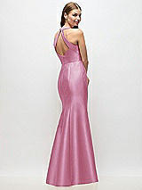 Rear View Thumbnail - Powder Pink V-Neck Halter Satin Trumpet Gown