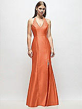 Front View Thumbnail - Portofino Orange V-Neck Halter Satin Trumpet Gown