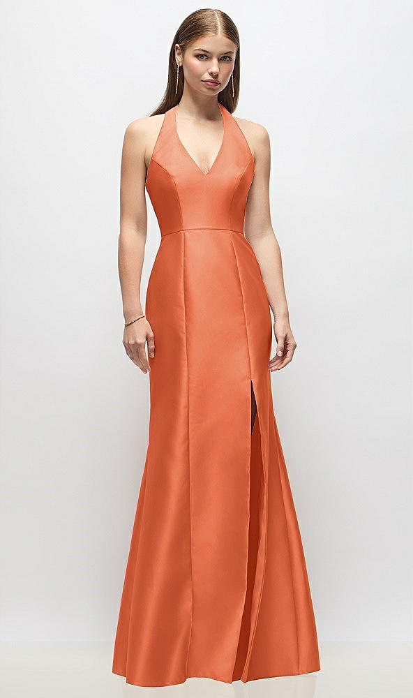 Front View - Portofino Orange V-Neck Halter Satin Trumpet Gown