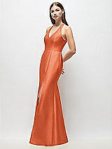 Side View Thumbnail - Portofino Orange V-Neck Halter Satin Trumpet Gown
