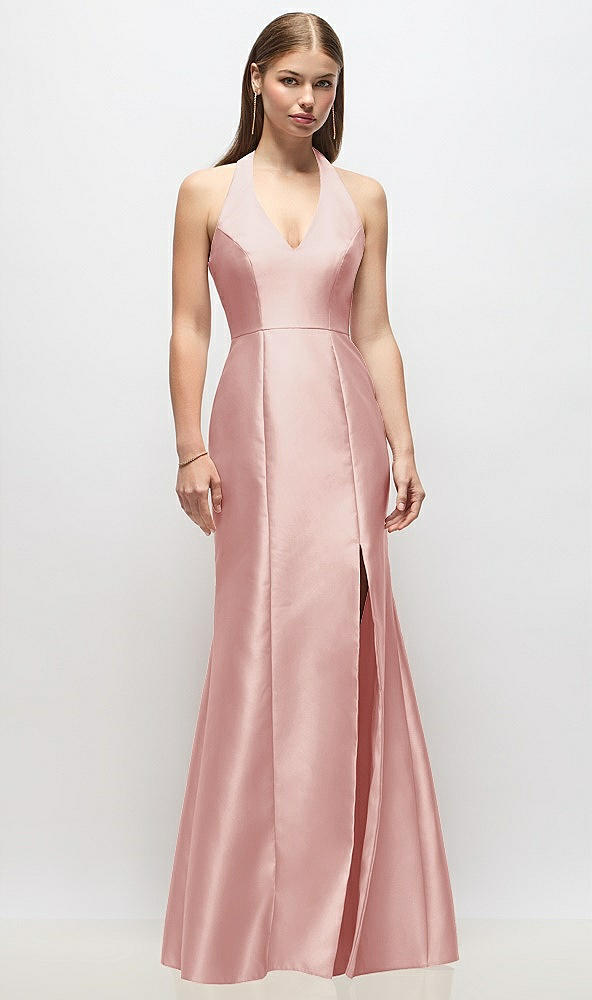 Front View - Rose V-Neck Halter Satin Trumpet Gown