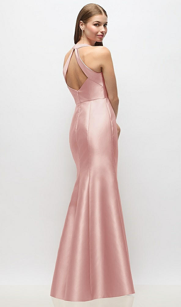 Back View - Rose V-Neck Halter Satin Trumpet Gown