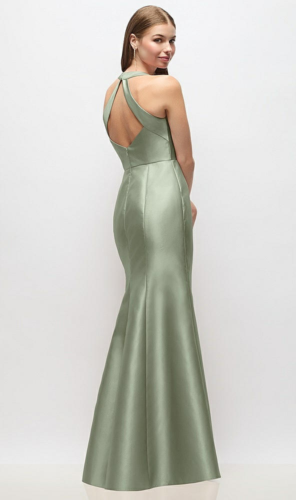 Back View - Sage V-Neck Halter Satin Trumpet Gown