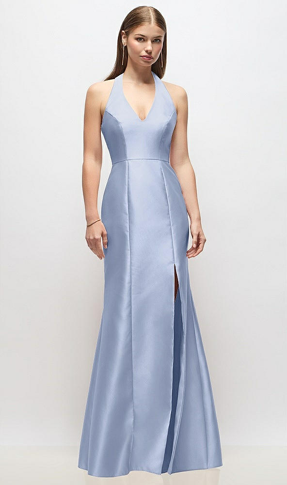 Front View - Sky Blue V-Neck Halter Satin Trumpet Gown