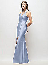 Side View Thumbnail - Sky Blue V-Neck Halter Satin Trumpet Gown