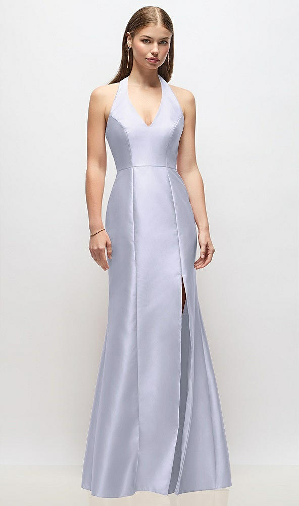 Front View - Silver Dove V-Neck Halter Satin Trumpet Gown