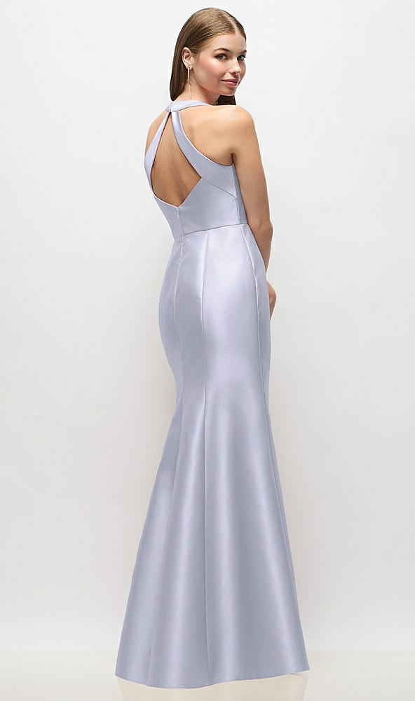 Back View - Silver Dove V-Neck Halter Satin Trumpet Gown