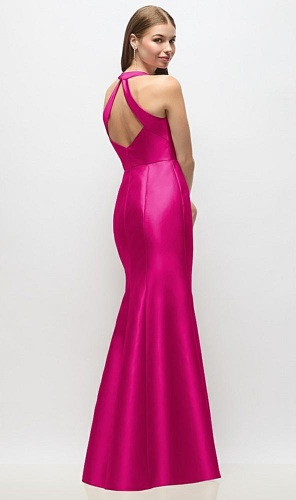 Back View - Think Pink V-Neck Halter Satin Trumpet Gown