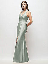 Side View Thumbnail - Willow Green V-Neck Halter Satin Trumpet Gown