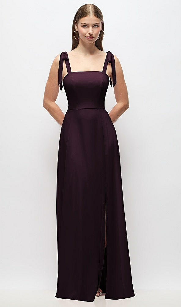 Front View - Deep Plum Tie-Shoulder Chiffon Maxi Dress with Front Slit
