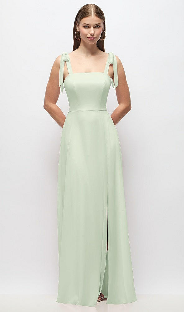 Front View - Mint Green Tie-Shoulder Chiffon Maxi Dress with Front Slit