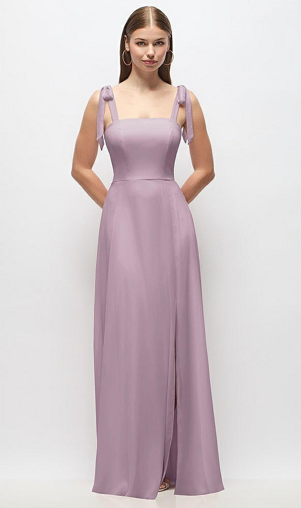 Front View - Suede Rose Tie-Shoulder Chiffon Maxi Dress with Front Slit