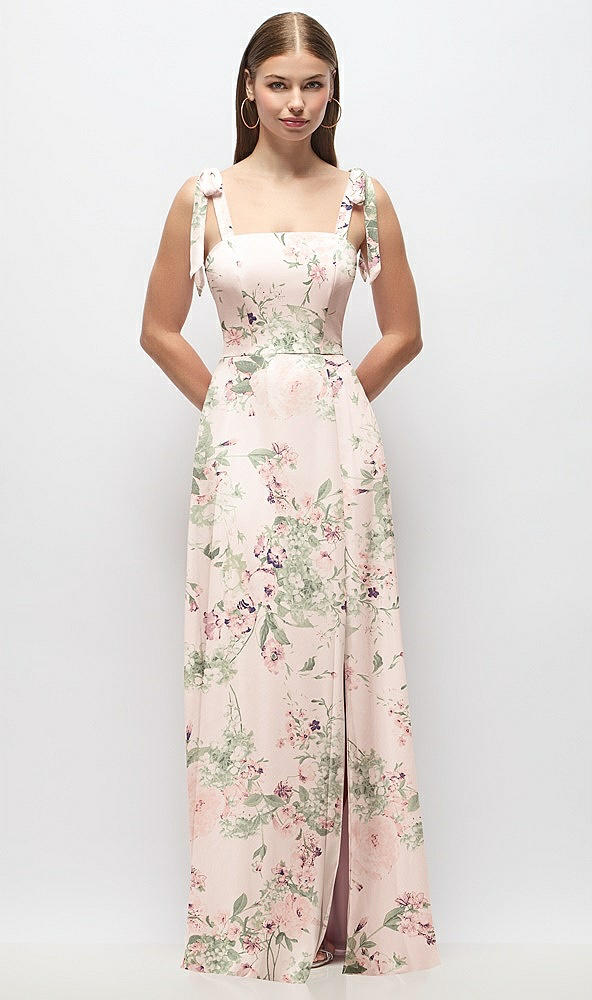 Front View - Blush Garden Tie-Shoulder Chiffon Maxi Dress with Front Slit