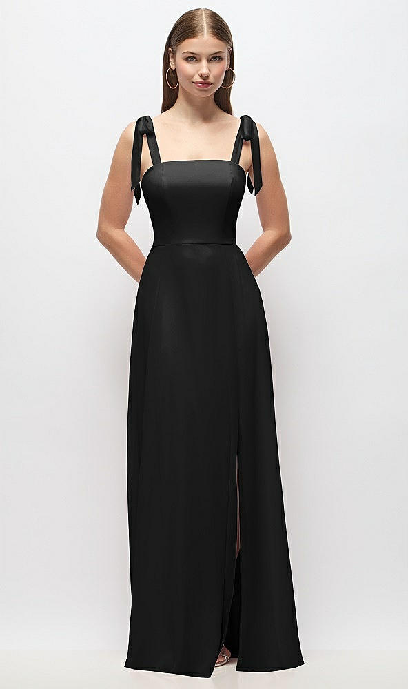 Front View - Black Tie-Shoulder Chiffon Maxi Dress with Front Slit