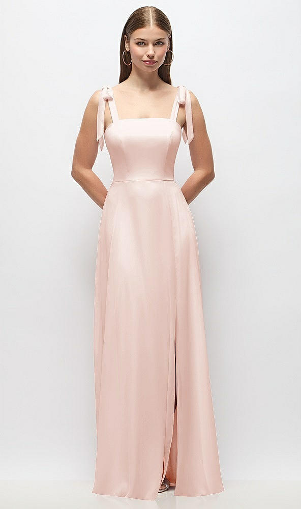 Front View - Blush Tie-Shoulder Chiffon Maxi Dress with Front Slit