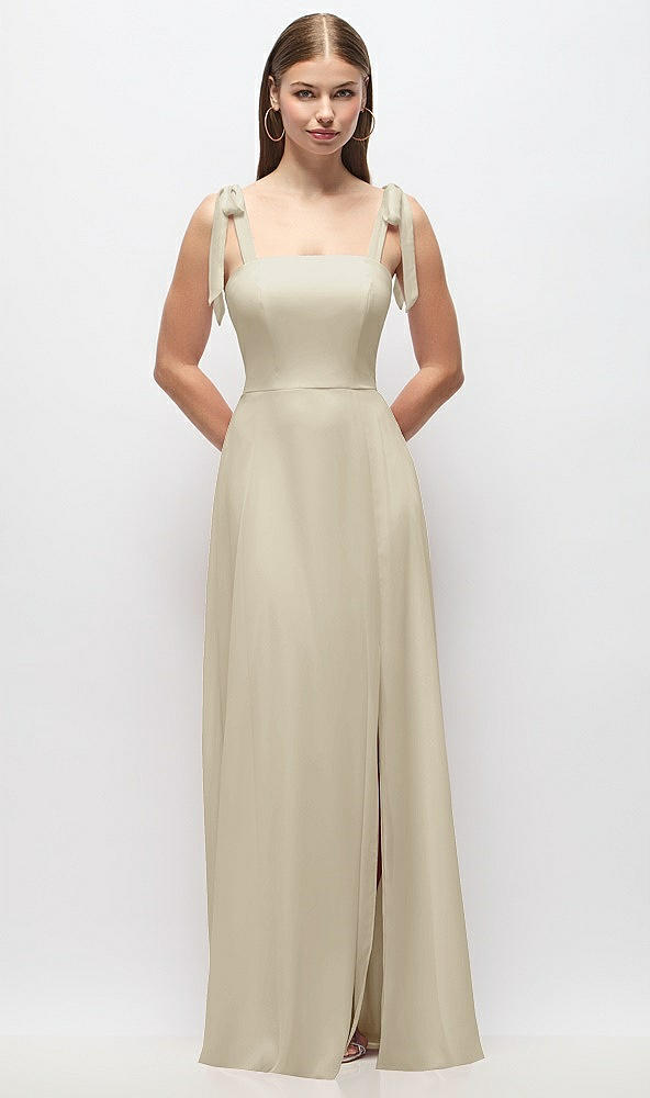 Front View - Champagne Tie-Shoulder Chiffon Maxi Dress with Front Slit