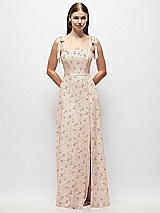 Front View Thumbnail - Coquette Floral Print Tie-Shoulder Chiffon Maxi Dress with Front Slit