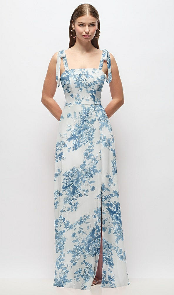 Front View - Cottage Rose Dusk Blue Tie-Shoulder Chiffon Maxi Dress with Front Slit