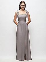 Front View Thumbnail - Cashmere Gray Tie-Shoulder Chiffon Maxi Dress with Front Slit