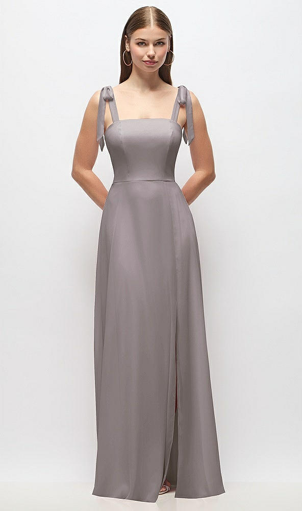 Front View - Cashmere Gray Tie-Shoulder Chiffon Maxi Dress with Front Slit