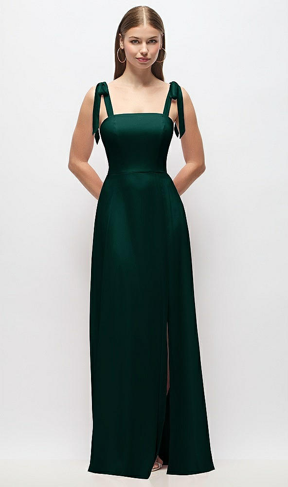 Front View - Evergreen Tie-Shoulder Chiffon Maxi Dress with Front Slit