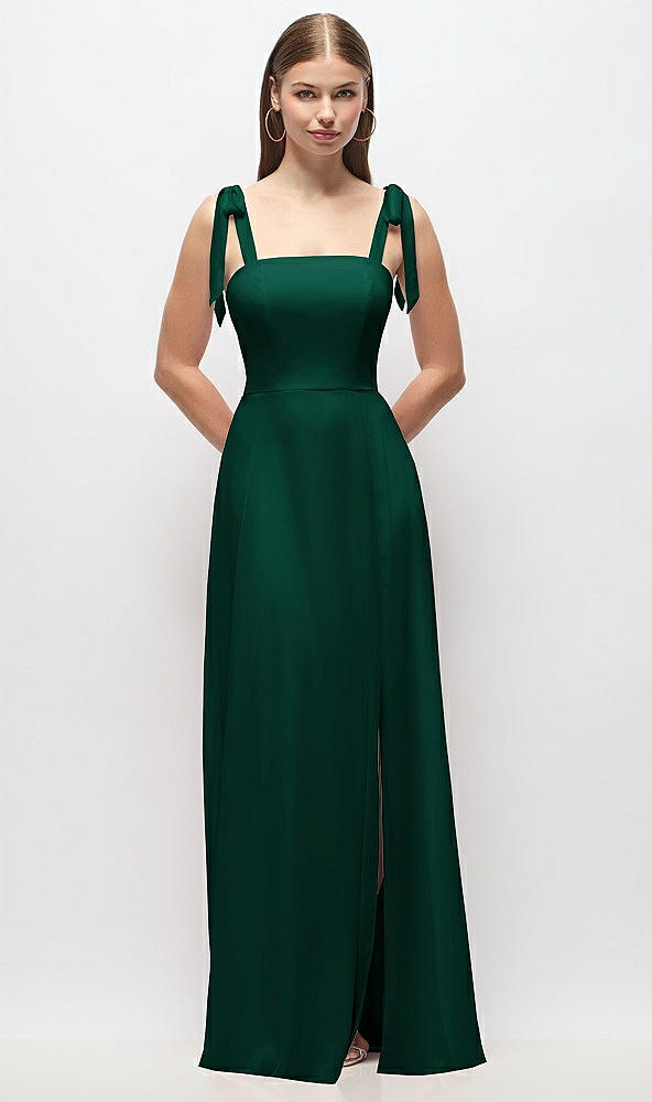 Front View - Hunter Green Tie-Shoulder Chiffon Maxi Dress with Front Slit