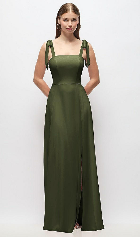 Front View - Olive Green Tie-Shoulder Chiffon Maxi Dress with Front Slit