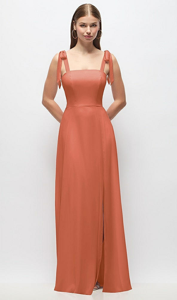 Front View - Terracotta Copper Tie-Shoulder Chiffon Maxi Dress with Front Slit
