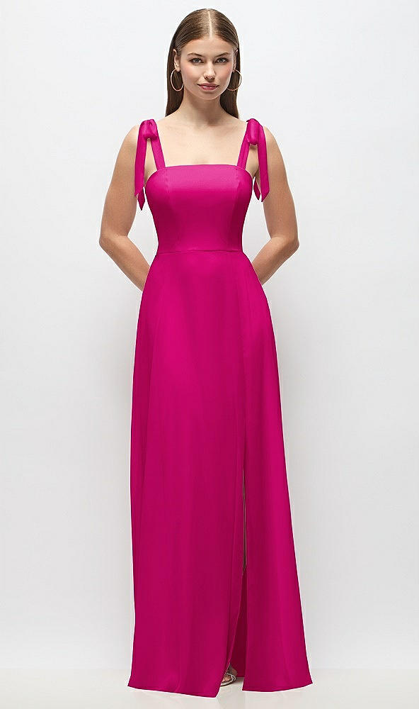 Front View - Think Pink Tie-Shoulder Chiffon Maxi Dress with Front Slit