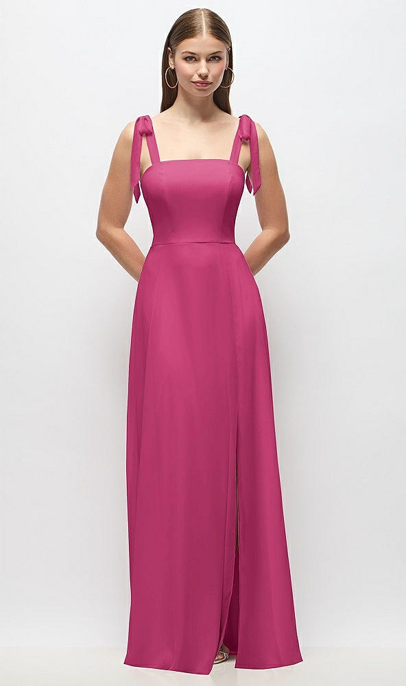 Front View - Tea Rose Tie-Shoulder Chiffon Maxi Dress with Front Slit