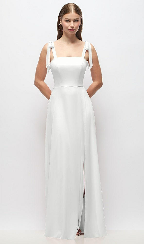 Front View - White Tie-Shoulder Chiffon Maxi Dress with Front Slit