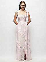 Front View Thumbnail - Watercolor Print Tie-Shoulder Chiffon Maxi Dress with Front Slit