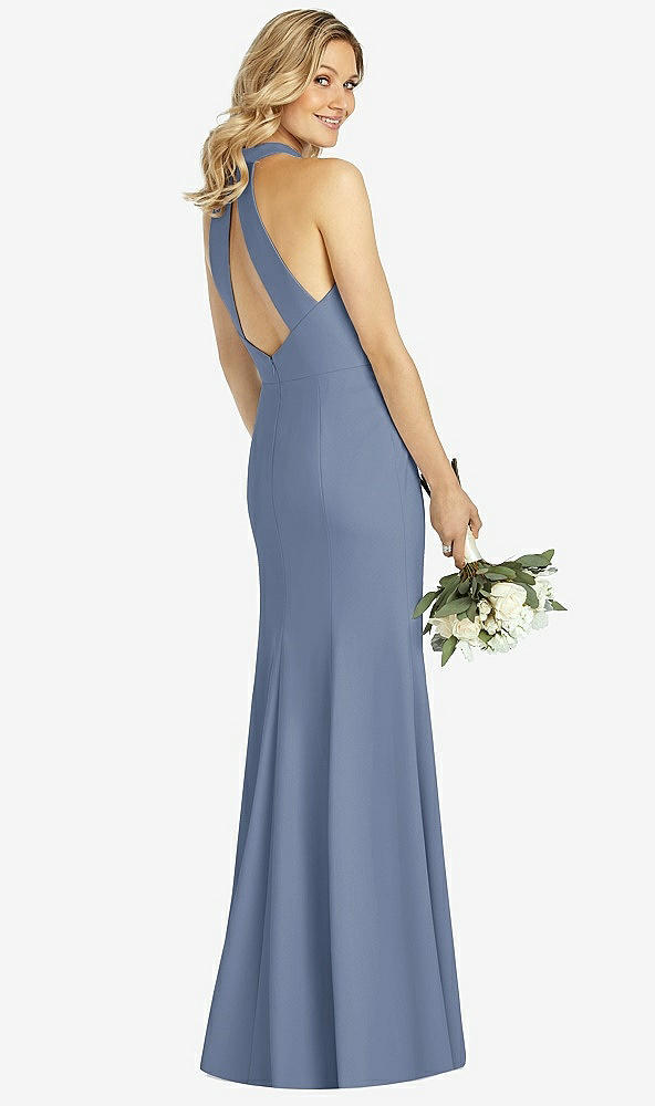 Back View - Larkspur Blue High-Neck Cutout Halter Trumpet Gown