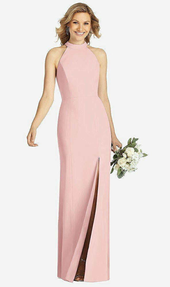 Front View - Rose High-Neck Cutout Halter Trumpet Gown