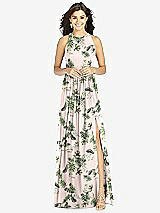 Front View Thumbnail - Palm Beach Print Shirred Skirt Jewel Neck Halter Dress with Front Slit