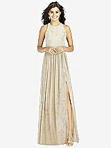 Front View Thumbnail - Butter Yellow Floral Shirred Skirt Jewel Neck Halter Dress with Front Slit