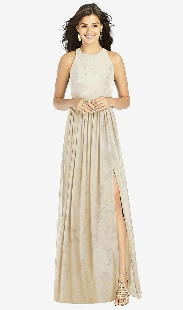 Front View - Butter Yellow Floral Shirred Skirt Jewel Neck Halter Dress with Front Slit