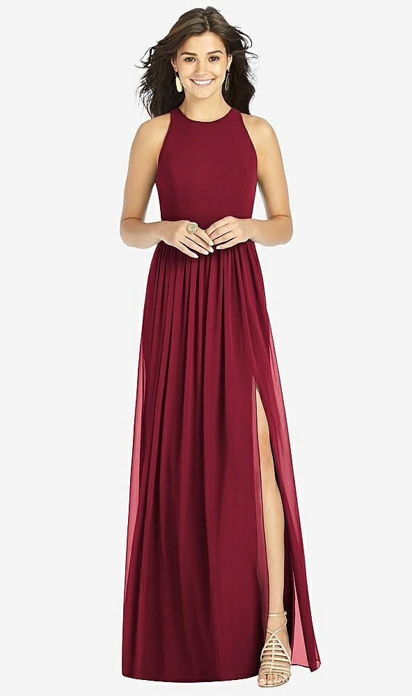 Front View - Burgundy Shirred Skirt Jewel Neck Halter Dress with Front Slit
