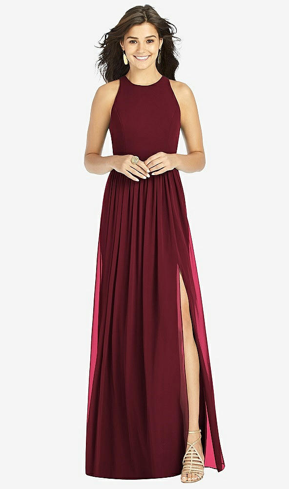 Front View - Cabernet Shirred Skirt Jewel Neck Halter Dress with Front Slit