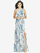 Front View Thumbnail - Cottage Rose Dusk Blue Shirred Skirt Jewel Neck Halter Dress with Front Slit