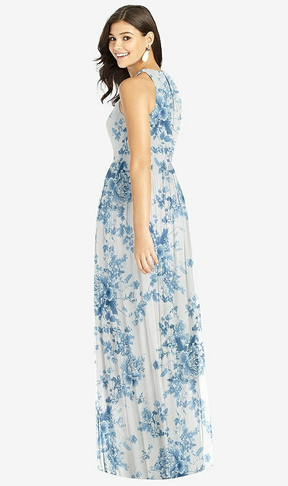 Back View - Cottage Rose Dusk Blue Shirred Skirt Jewel Neck Halter Dress with Front Slit