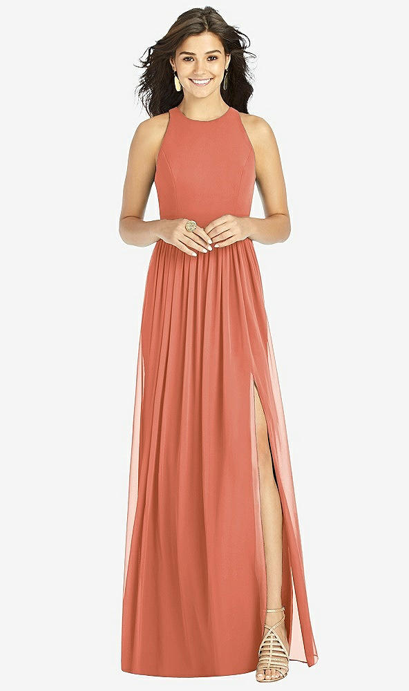 Front View - Terracotta Copper Shirred Skirt Jewel Neck Halter Dress with Front Slit