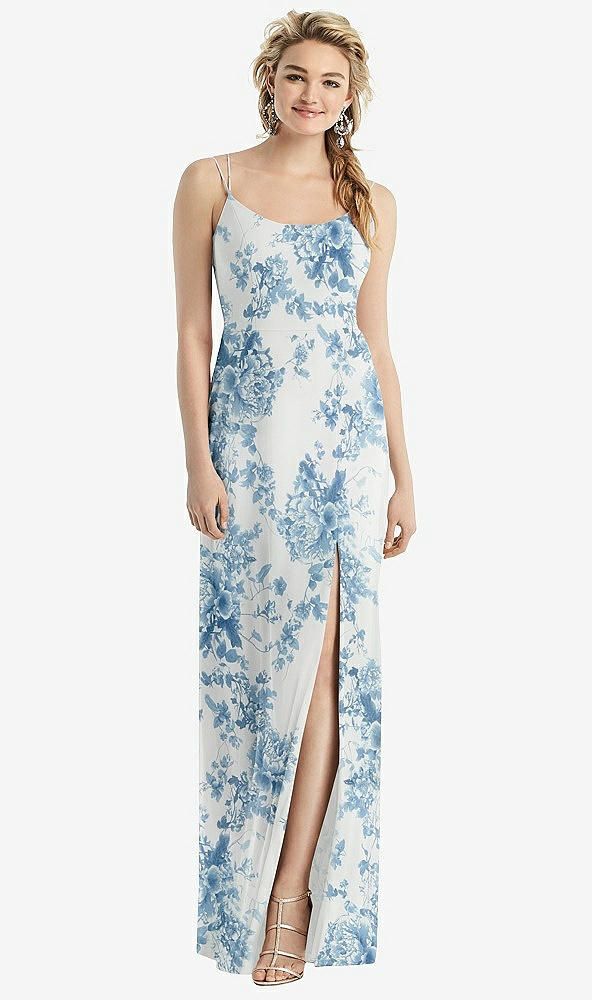 Back View - Cottage Rose Dusk Blue Cowl-Back Double Strap Maxi Dress with Side Slit