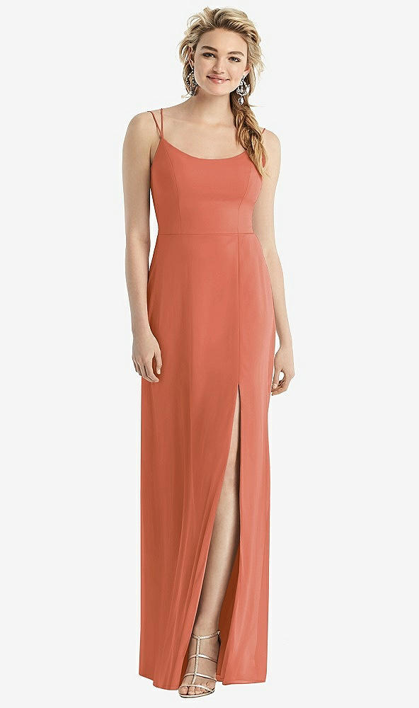 Back View - Terracotta Copper Cowl-Back Double Strap Maxi Dress with Side Slit