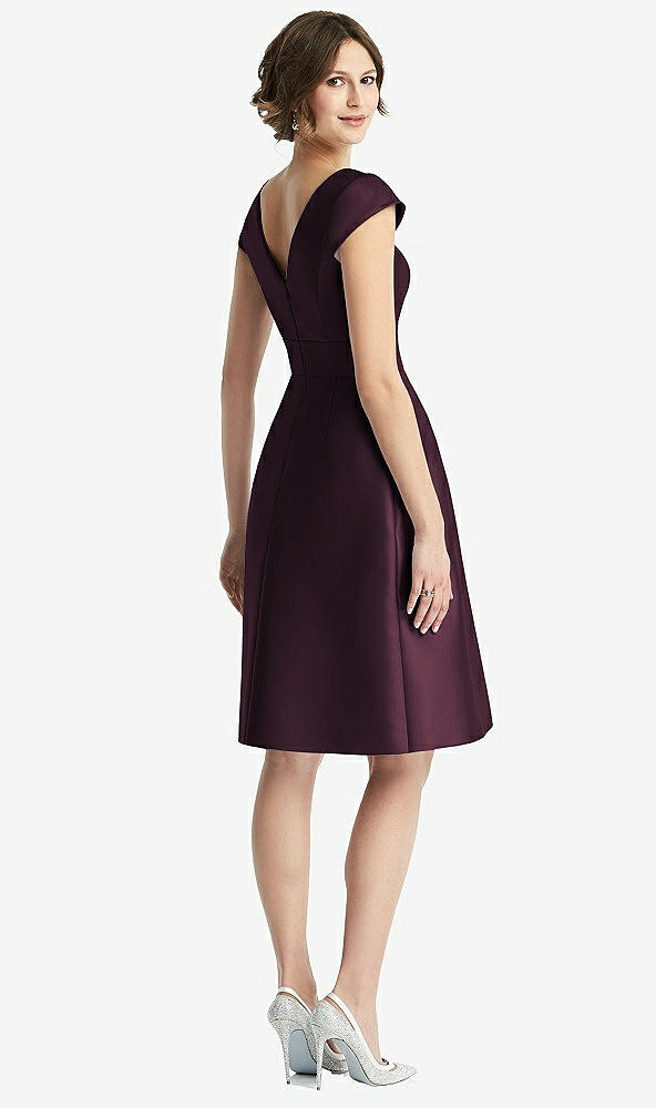 Back View - Deep Plum Cap Sleeve Pleated Cocktail Dress with Pockets