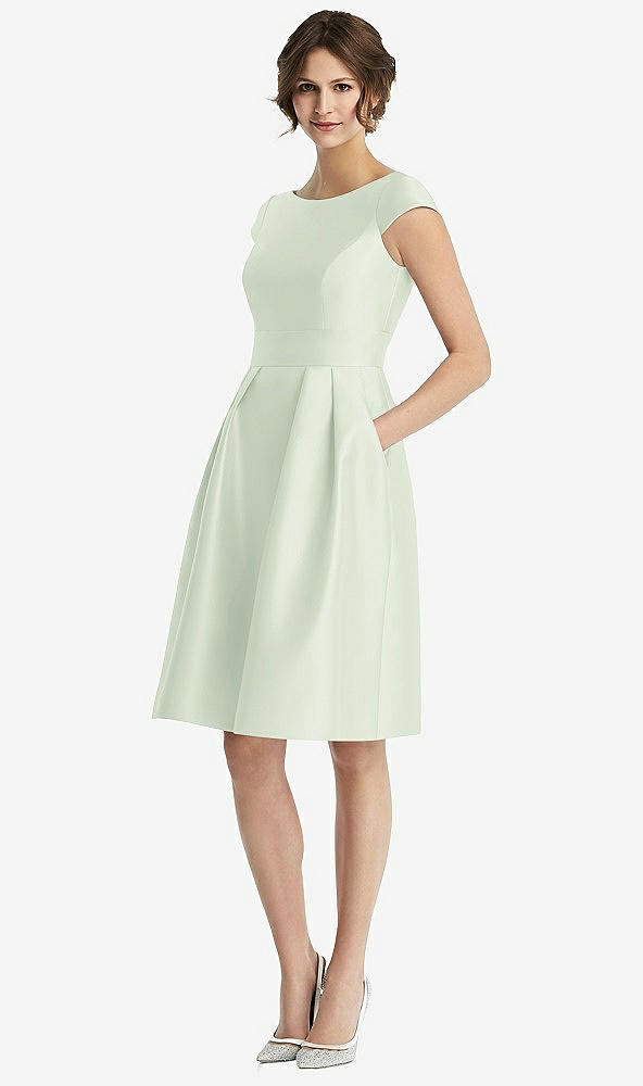 Front View - Mint Green Cap Sleeve Pleated Cocktail Dress with Pockets