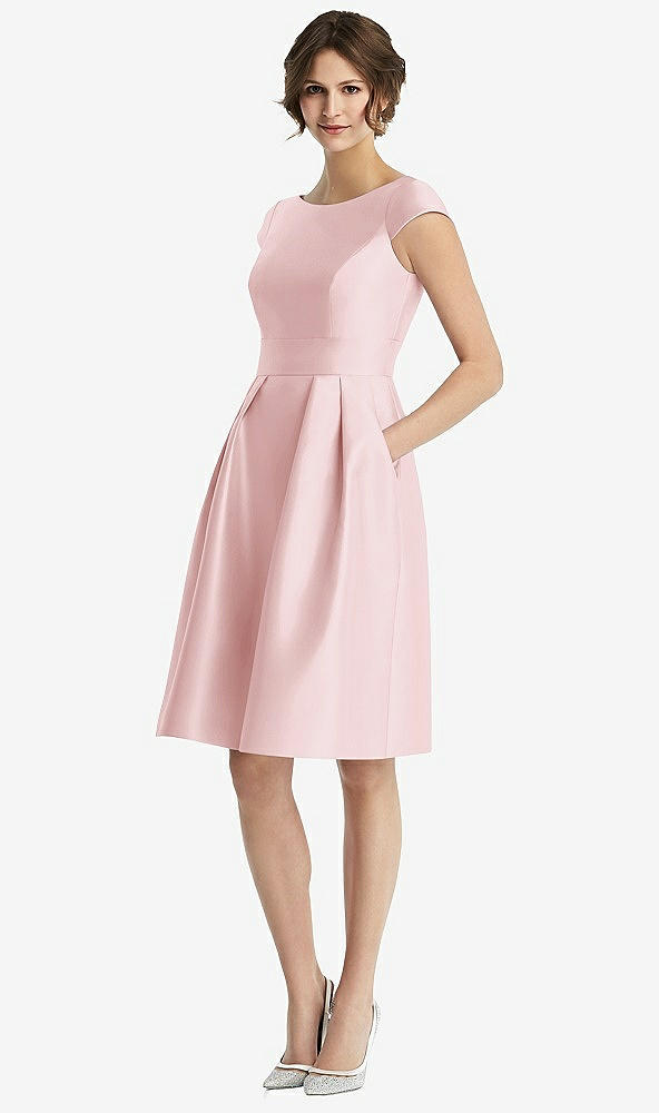 Front View - Ballet Pink Cap Sleeve Pleated Cocktail Dress with Pockets