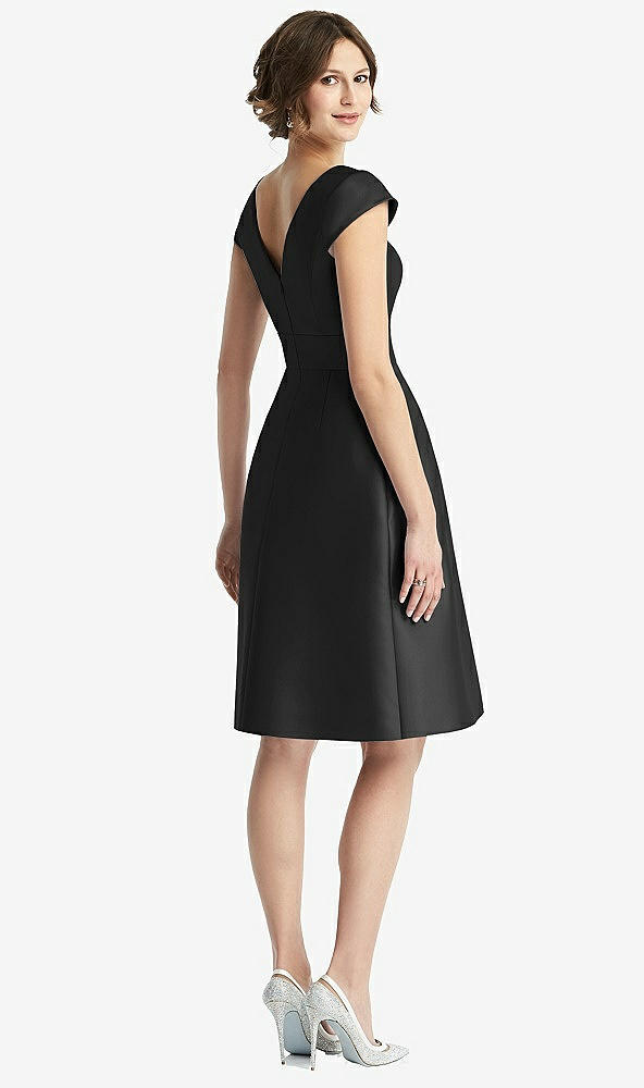 Back View - Black Cap Sleeve Pleated Cocktail Dress with Pockets
